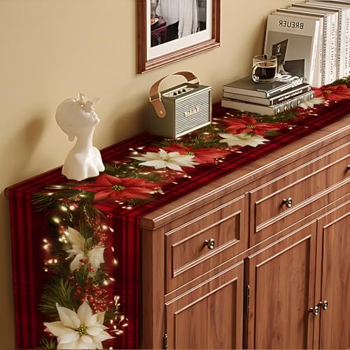 Christmas Table Runners and Placemats Set of 6 - Red Plaid with Poinsettia & Floral Design, Variation 124