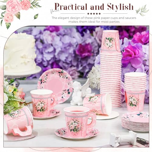 Pink Floral Paper Tea Cups and Saucers Set - 7 oz Disposable Party Drinkware