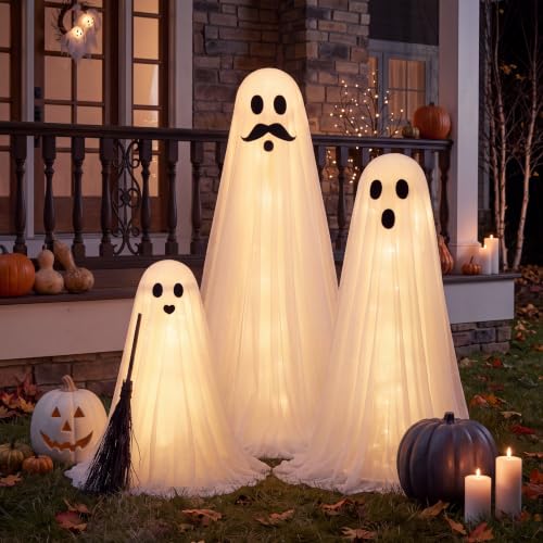 Outdoor Light-Up Ghost Decorations Set - Spooky Halloween Yard Props, 3 Pcs with Warm LED Lights