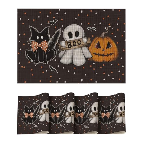 Black Ghost Cat Vinyl Placemats Set of 4 - Washable Heat Resistant Table Decor