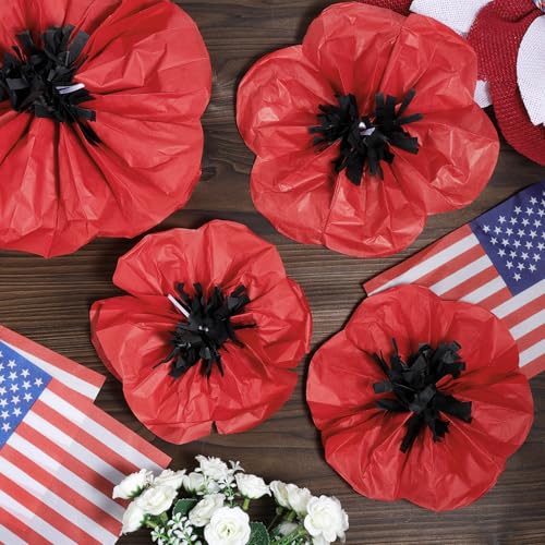Artificial Poppy Flowers Set - 36 Tissue Paper Red & Black Decorations for Events
