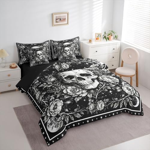 Black and White Gothic King Size Comforter Set with Sheets - Halloween Skeleton Bedding, 7 Pieces