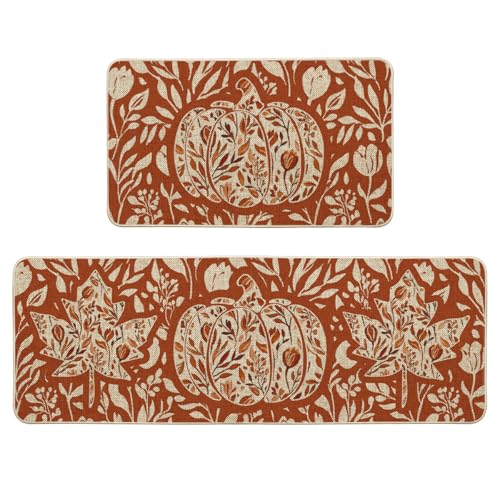 Orange Fall Kitchen Mats Set of 2 - 17x29 & 17x47 Non-Slip Decor