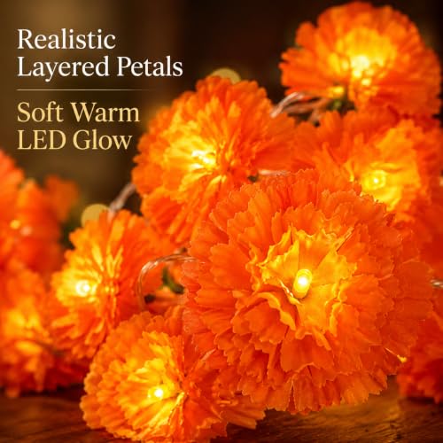 3 Pack LED Marigold Garland with Lights for Fall Halloween and Diwali Decor