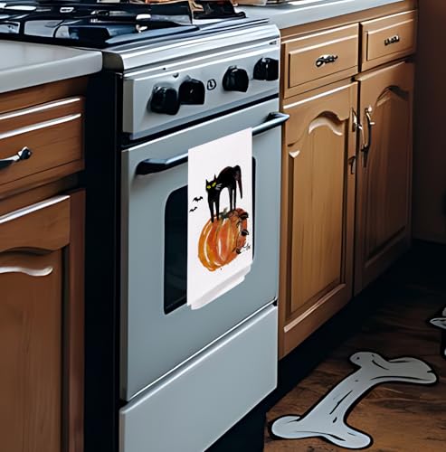 Halloween Kitchen & Bath Towels - Black Cat & Pumpkin Decor, 16x24 Inches - Fall Black Cat Variation