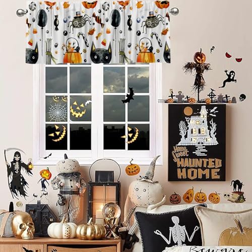 Violet Halloween Window Valance 54x18 Inches Horror Theme Pumpkin Bat Spider Skeleton Polyester Semi Sheer Drapery