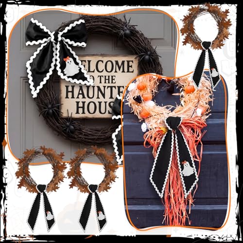 Halloween Ghost Wreath Sash Set - Black Scalloped Front Door Decor, 6 Pieces, Ghost Pattern