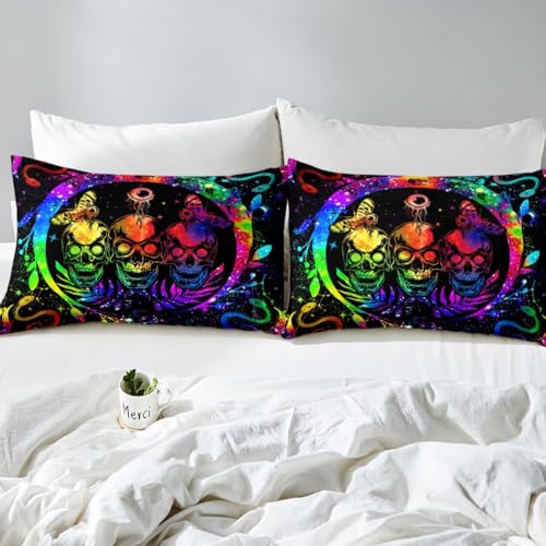 Queen Sugar Skull Bed Sheets Rainbow Tie Dye Fitted Sheet - Snake & Moth Design, 25 Color Variations