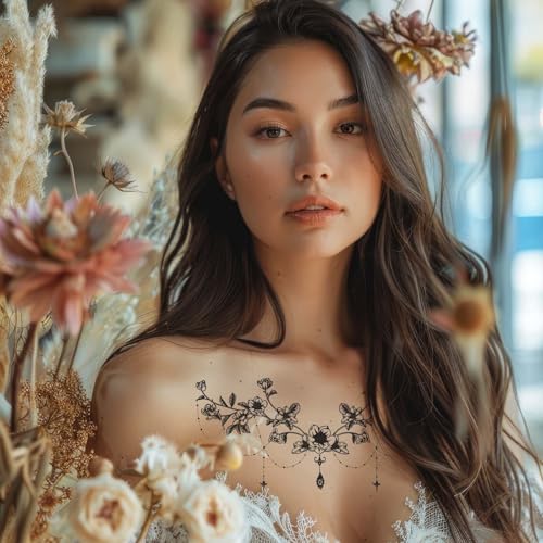 Large Waterproof Floral Moon Rose Temporary Tattoos for Women - 6 Pack