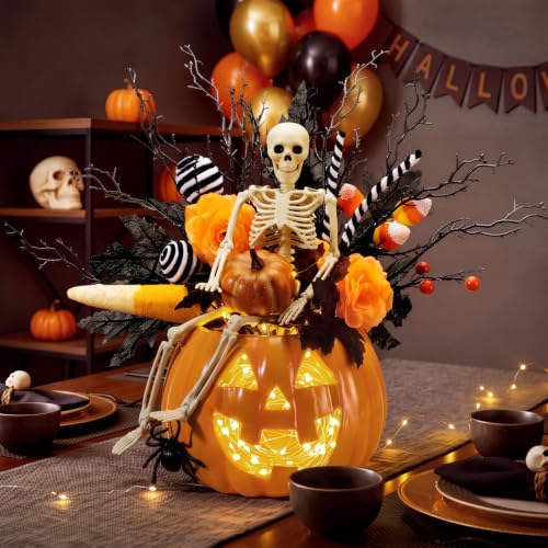 Halloween Skull Pumpkin Vase with Black & Orange Branches - DIY Spooky Decor - Skull Variation