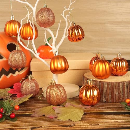 12 Pcs Fall Pumpkin Tree Ornaments - Mini Hanging Decorations for Autumn Halloween Thanksgiving