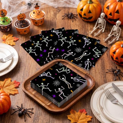 Multicolor Skeleton Halloween Paper Napkins 6.5 Inch - 45 Pack Party Supplies
