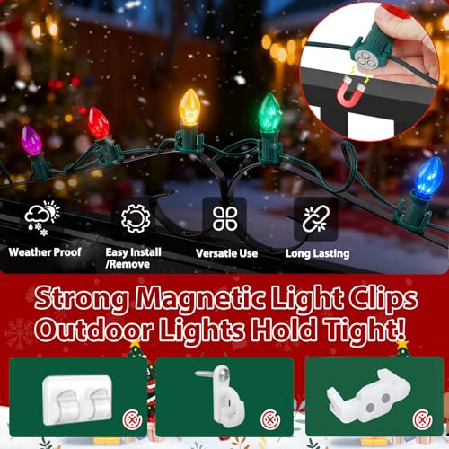 Magnetic Christmas Light Clips 50 Pack for C7 C9 Bulbs - Green, Outdoor Roof Hooks - Variation 3r-Green