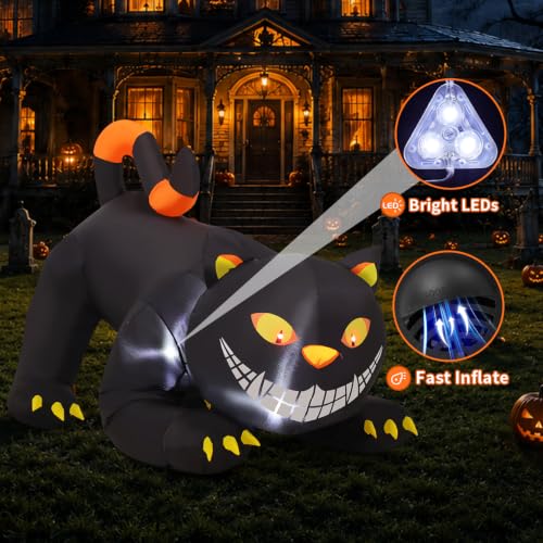 Outdoor Black Cat Inflatable Halloween Decoration with LED Lights, 6 FT
