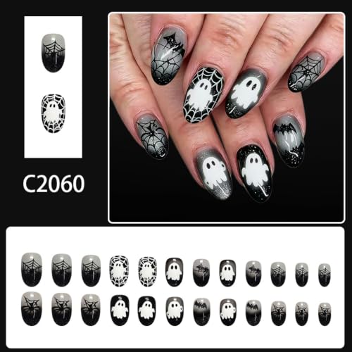 Halloween Press On Nails - Medium Oval Black Ghost Pumpkin Spiderweb Style-39, 24Pcs