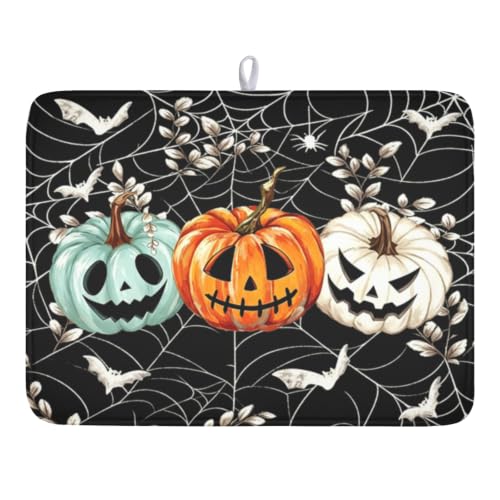 Halloween Pumpkin Dish Drying Mat 18x24 Black Spider Web Spooky Pumpkin – Variation of THIS listing