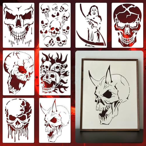 Halloween Skull Stencil Set - Reusable 10x7 Inch Wall Art & Craft Templates - White