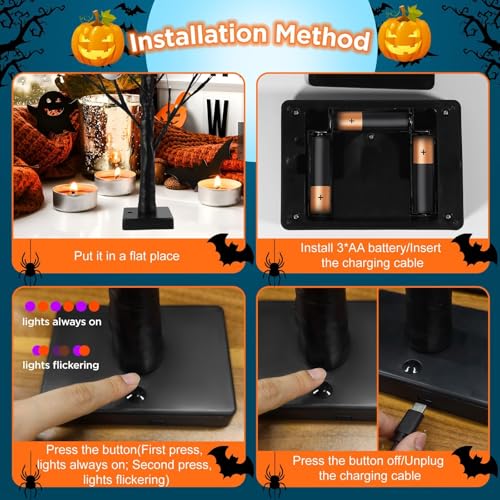 2FT Halloween Lighted Tree Set - Indoor Spooky Decor with 48 LEDs & Timer