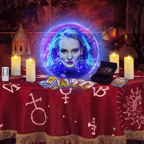 Halloween Globe Decoration Set with LED Candles and Tarot Cards - 14 Inch Clear Acrylic Globe with Blue String Lights