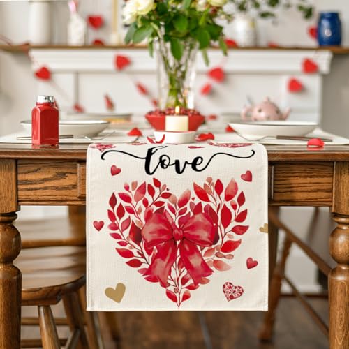 Valentine's Heart-Shaped Floral Table Runner 13x108 Inch for Wedding & Home Decor