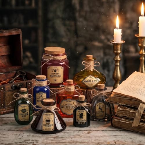 Retro Halloween Potion Bottles Set of 8 Glass Decor with Cork & Labels