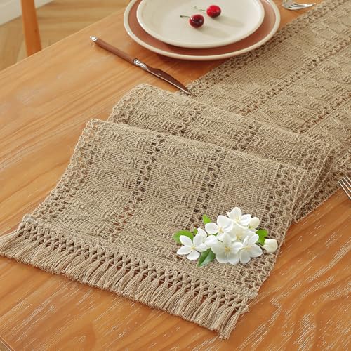 Burlap Boho Table Runner 12x72 Inches - Rustic Farmhouse Decor with Tassels, Brown
