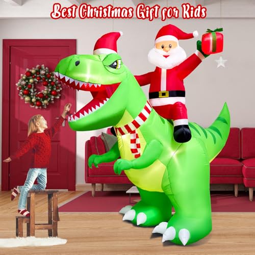 8FT Christmas Inflatable Santa Riding Dinosaur with LED Lights Outdoor Holiday Decor