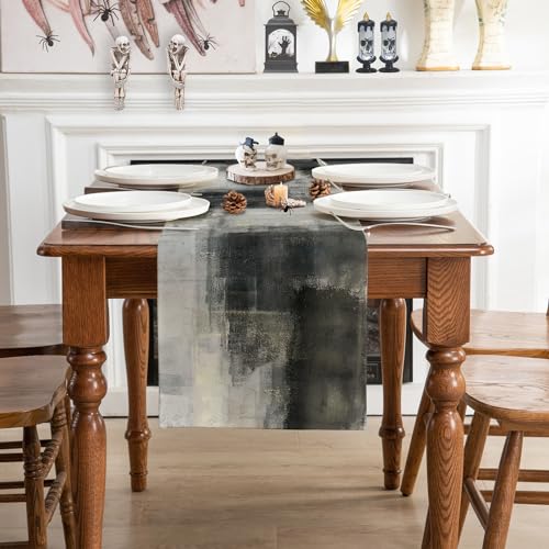 Watercolor Table Runner 13x60 Inches Black Grey Floral Design - Durable Polyester Linen Blend