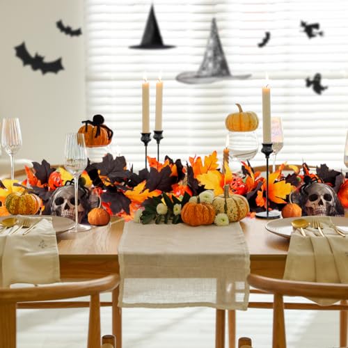 Orange Black Maple Leaf Garland 5.7Ft - 2 Pack Halloween Fall Autumn Decor