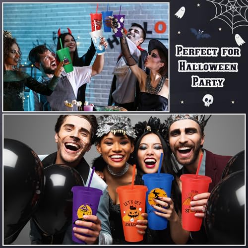 Halloween Plastic Cups with Lids & Straws - 24 Oz, Stylish Design, 24 Pack