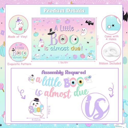 Pastel Halloween Baby Shower Decorations with Banner, Cake Topper & Balloons - A Little Boo Is Almost Due - Variation of Pastel Baby Shower