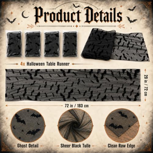 Halloween Table Runner 4Pcs Black Mesh Bat Web Decor 29x72 Inches - Dark Black / Bat Variation