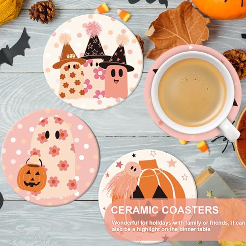 Halloween Ceramic Coasters Set - Ghost, Bat, Pumpkin Design, 4 Pack