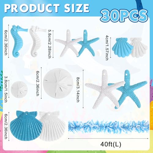 Ocean Themed Party Decorations Set - 30 Resin Sea Ornaments & 40ft Tinsel Garland