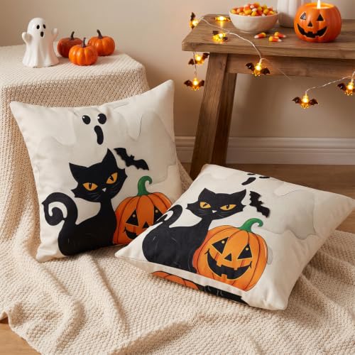 Halloween Black Cat Throw Pillow Cover 18x18 with Ghost - Pack of 2