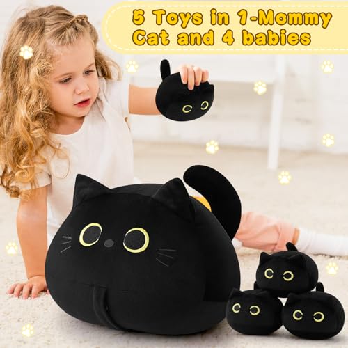 Black Cat Plush Family Set - 19-Inch Mommy with 4 Kittens, Cute Kids & Adults Gift