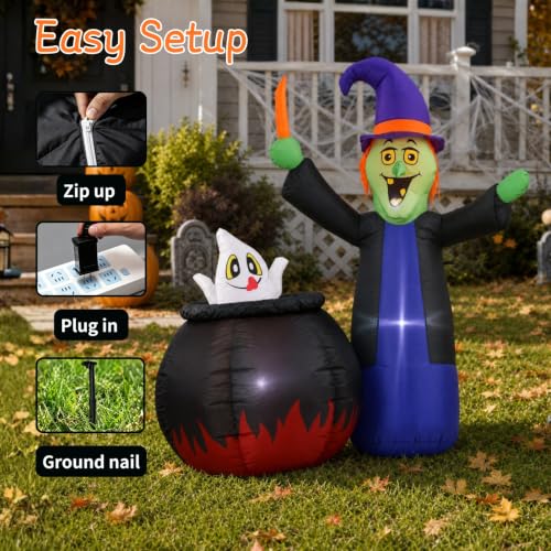 5 Ft Inflatable Halloween Witch and Cauldron Outdoor Decor with LED Lights