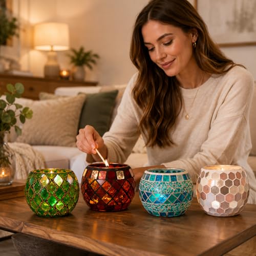 Multicolor Candle Holder Tea Light Votive Decor - 4 Pack Small Campfire Style with Mosaic Design