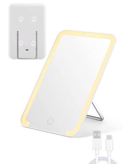 Qislee Magnetic Locker Mirror, 8 x 5 inches Travel Makeup Mirror with Light and Foldable Stand, 3 Color Modes Touch Dimming, Perfect Travel Accessory, White
