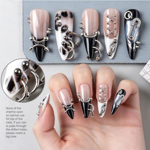 Punk Series Goth Nail Charms Set - Silver & Black Metal Nail Studs, 300+ Pieces