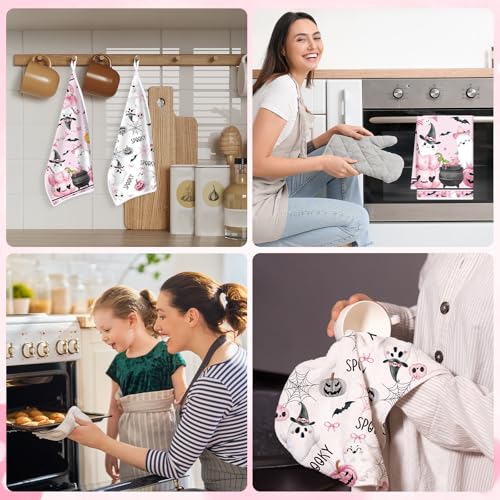 Pink Halloween Kitchen Dish Towels Set - 4PCS Pumpkin Ghost & Bat Hand Towels - Spooky Holiday Decor