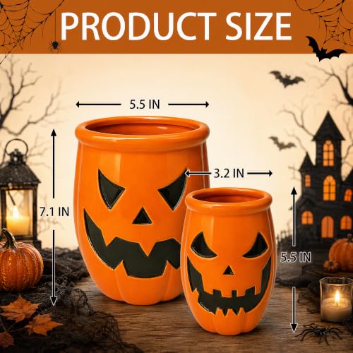 Yellow Halloween Ceramic Pumpkin Utensil Crock Set - Large & Small Kitchen Organizer with Jack O Lantern Design