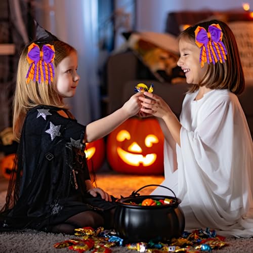 Halloween Hair Bows for Girls - Curly Ribbon 3-Layer Clip with Orange & Purple Variation