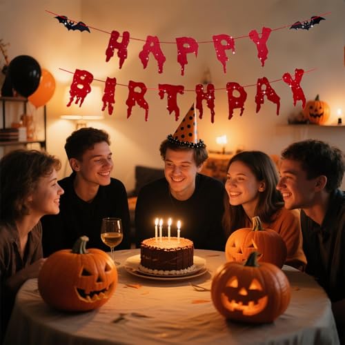 Halloween Birthday Banner with Glitter and Bats - 118 Inch Spooky Decor