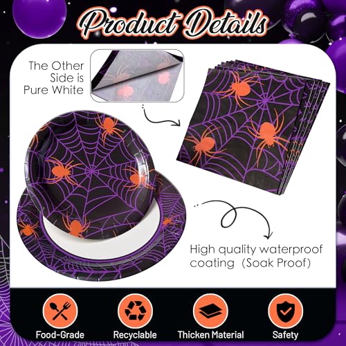Halloween Party Decorations Set - Spider Web Plates & Napkins, Black Orange Purple Variation