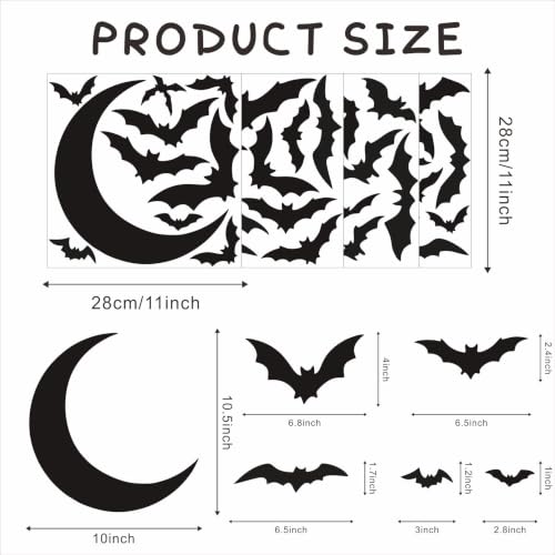 Halloween Bat Wall Decals Stickers Removable Moon Wall Decor - Black Variation