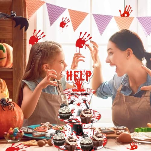 Halloween Spooky Bloody Handprints 3-Tier Cake Stand for Parties