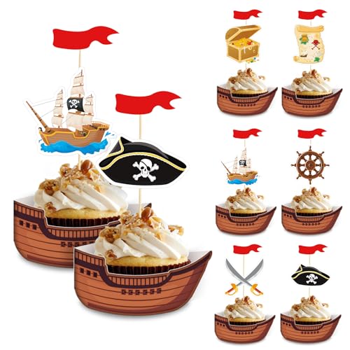Pirate Cupcake Toppers Set - 108 pcs Nautical Cake Decorations for Kids Birthday & Halloween