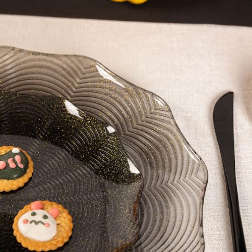 Halloween Spider Web Plastic Plates Set - Black with Gold Glitter, 60PCS