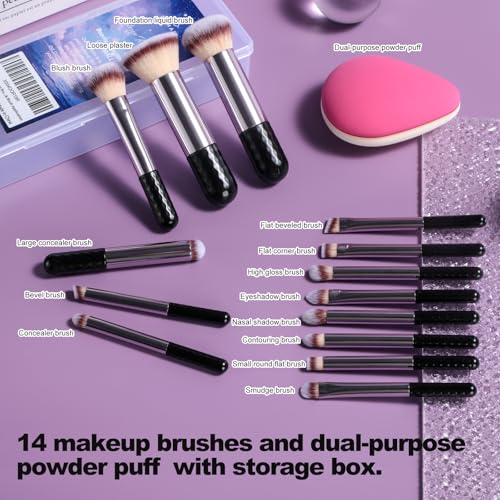 BS-MALL 14 Pcs Premium Synthetic Makeup Brushes Set & Dual-sided Blending Sponge - Professional Face & Eye Tools for Foundation, Powder & Concealer Application (Purple)